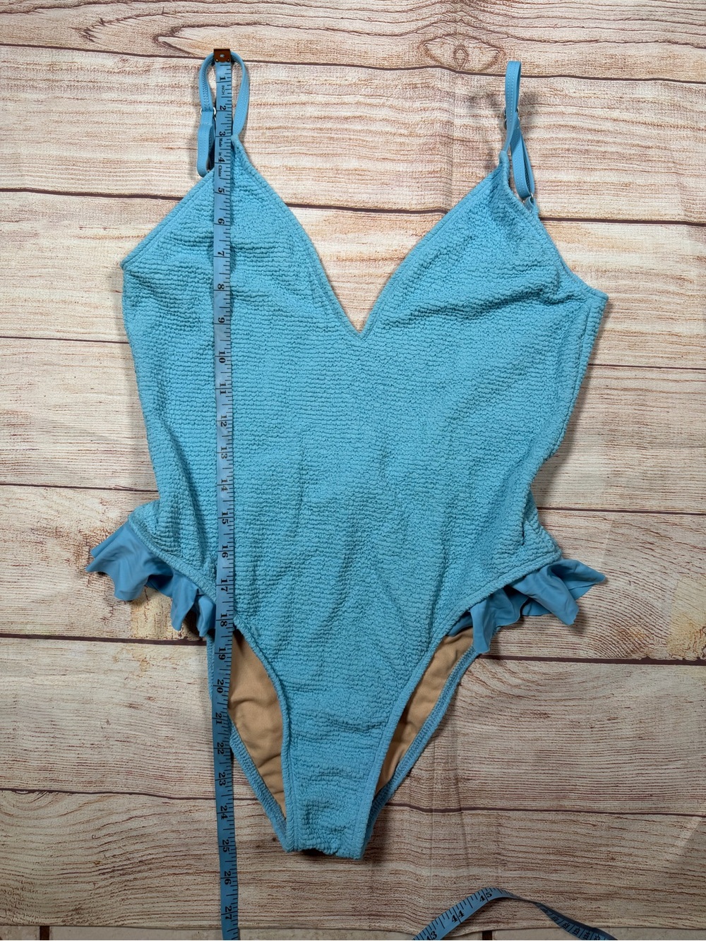 Leith Powder Blue‎ Textured Hip Ruffle One-Piece Swimsuit - Picture 5 of 8